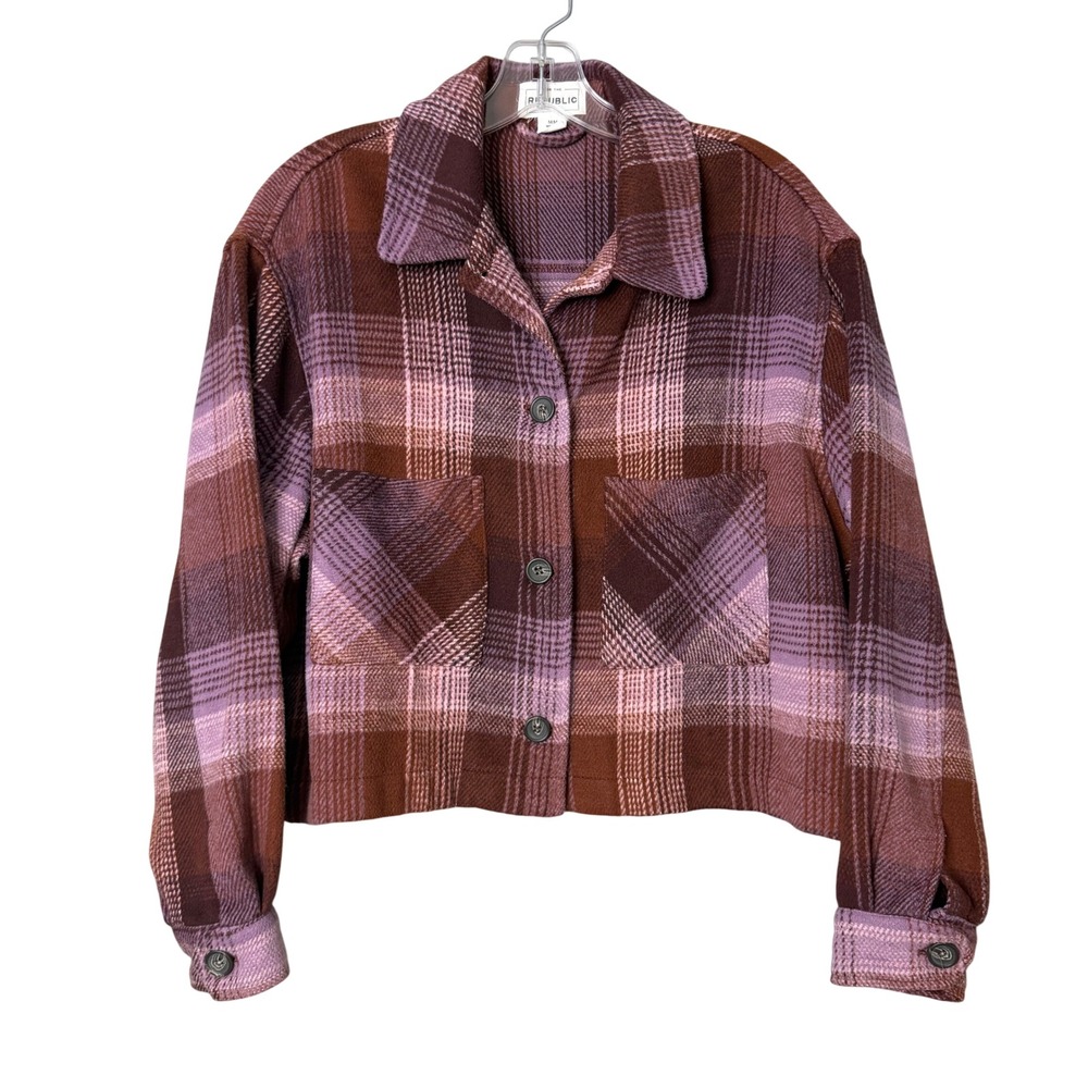 For The Republic Shacket Womens Medium Purple Brown Plaid Button Front Cropped